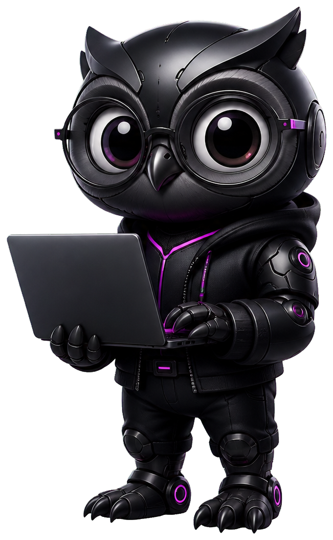 Datauraf owl mascot working on a laptop